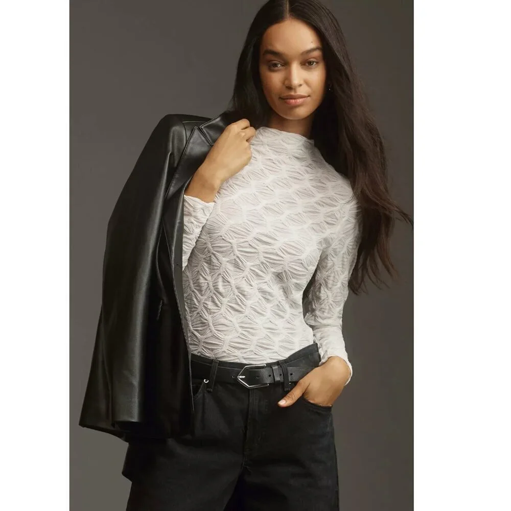 Anthropologie Maeve Talia Long Sleeve Mock Neck Textured Top in Ivory Women's S